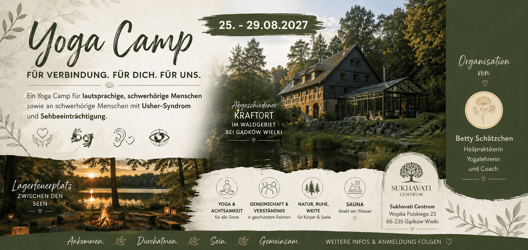 Landschaft mit See und Sonnenuntergang neben einem großen historischen Gebäude im Wald, darüber Text zu Yoga Camp 25. bis 29.08.2027 mit Angaben zu Zielgruppe, Aktivitäten und Veranstaltungsort Sukhavati Centrum.