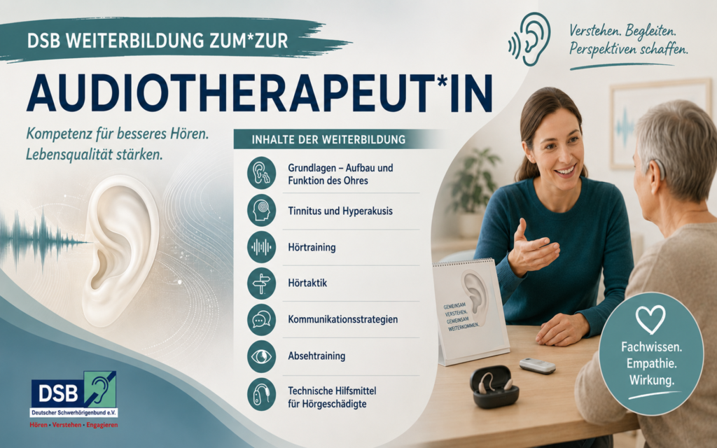 Frau im Gespräch mit älterem Mann am Schreibtisch vor Broschüre zur Weiterbildung Audiotherapeut*in mit Auflistung der Inhalte und Slogan des Deutschen Schwerhörigenbunds.
