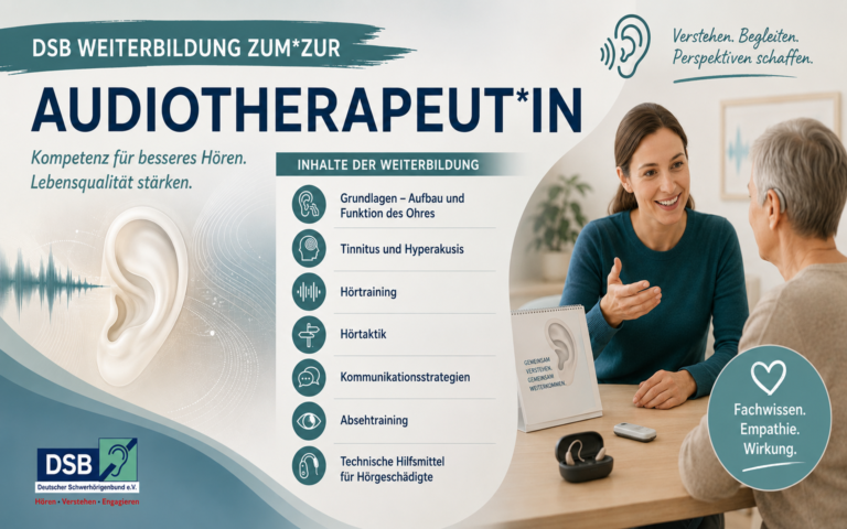 Frau im Gespräch mit älterem Mann am Schreibtisch vor Broschüre zur Weiterbildung Audiotherapeut*in mit Auflistung der Inhalte und Slogan des Deutschen Schwerhörigenbunds.