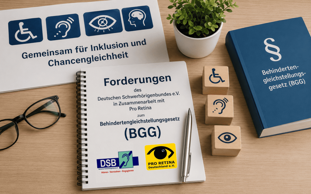 Schreibtisch mit Brille, Pflanze, Stift, Würfeln mit Symbolen für Rollstuhl und Auge, und einem Spiralheft mit der Aufschrift 'Forderungen des Deutschen Schwerhörigenbundes e.V. in Zusammenarbeit mit Pro Retina zum Behindertengleichstellungsgesetz (BGG).