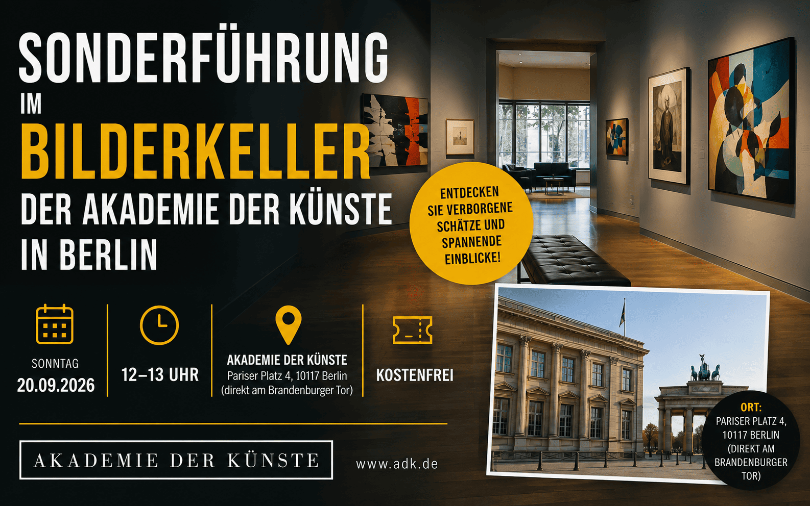 Werbetafel für eine Sonderführung im Bilderkeller der Akademie der Künste in Berlin mit Veranstaltungsdetails und Fotos von Innenraum und Gebäude.