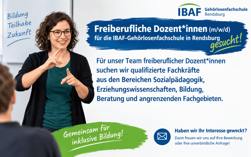 Lächelnde Frau mit Brille und dunkler Kleidung zeigt Gebärdensprache vor blauem Hintergrund mit Text zur Suche nach freiberuflichen Dozent*innen für die IBAF-Gehörlosenschule in Rendsburg.