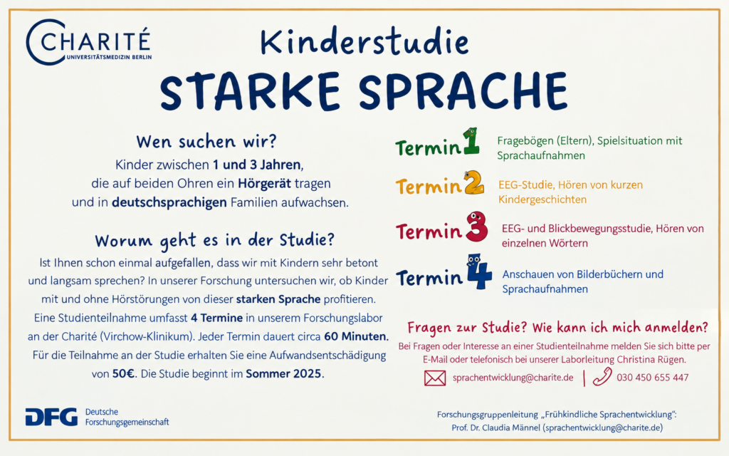 Infografik zur Kinderstudie "Starke Sprache" der Charité mit Informationen zu Zielgruppe, Studieninhalten, Terminen und Kontaktmöglichkeiten.