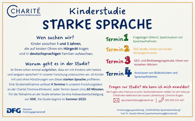 Infografik zur Kinderstudie "Starke Sprache" der Charité mit Informationen zu Zielgruppe, Studieninhalten, Terminen und Kontaktmöglichkeiten.