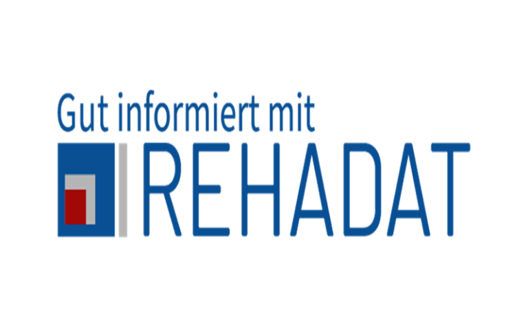 Logo mit dem Schriftzug 'Gut informiert mit REHADAT' und einem quadratischen Symbol mit rotem und weißem Element.