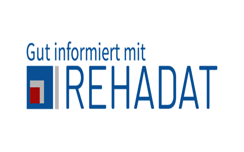 Logo mit dem Schriftzug 'Gut informiert mit REHADAT' und einem quadratischen Symbol mit rotem und weißem Element.