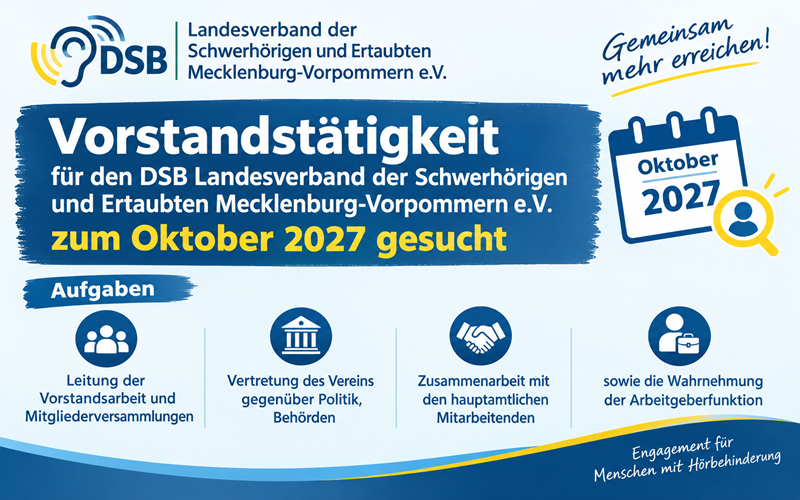 Grafik mit Logo des DSB Landesverbands Mecklenburg-Vorpommern und Text zur Vorstandstätigkeit ab Oktober 2027 mit Symbolen für Leitung, Vertretung, Zusammenarbeit und Arbeitgeberfunktion.
